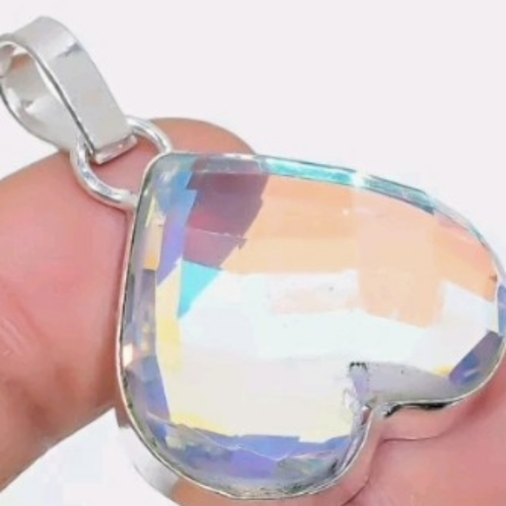 🩵Rainbow Quartz Heart Necklace Sterling Silver